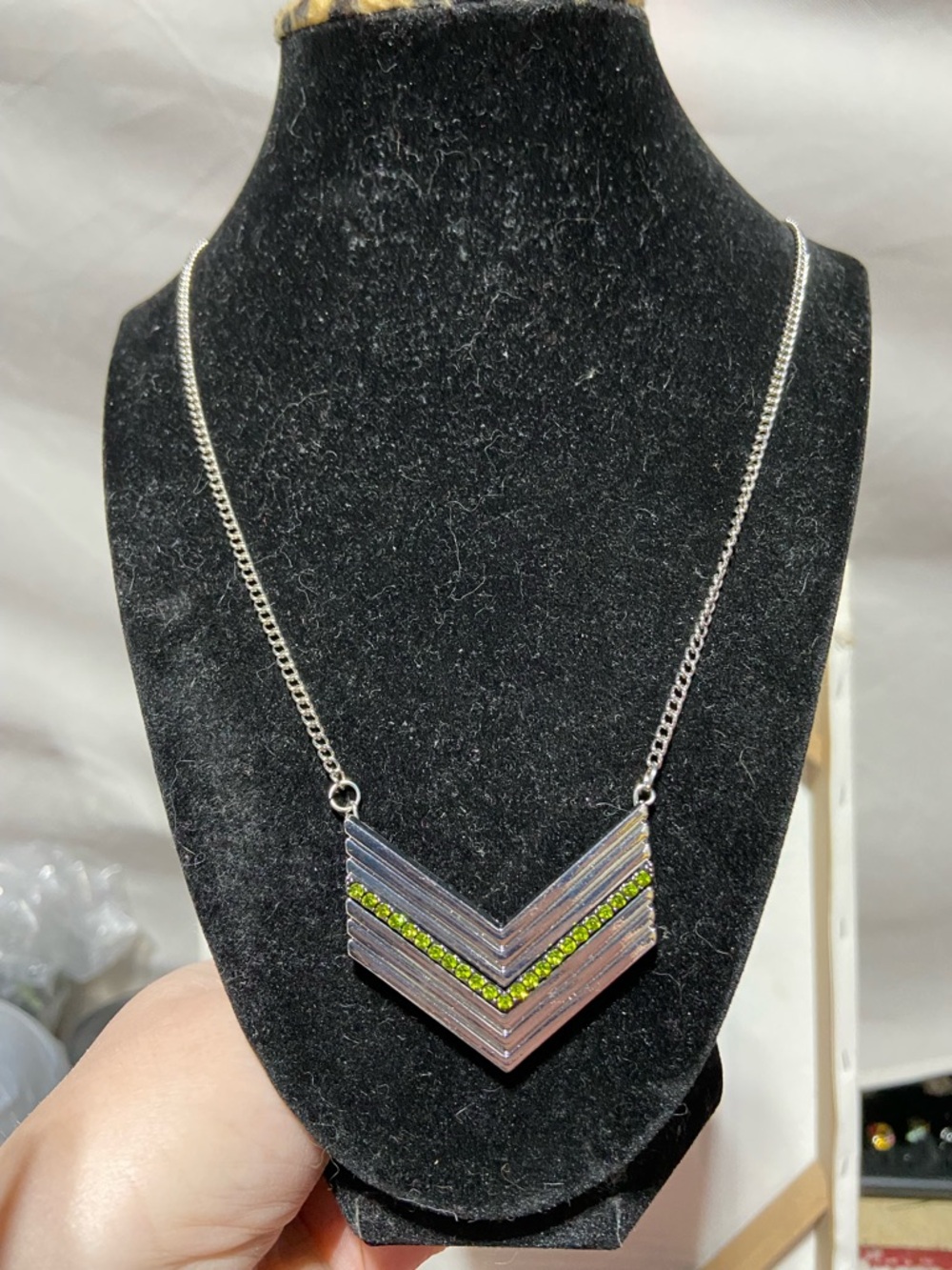 Silver Tone Chevron Necklace with Lime Green Rhinestones